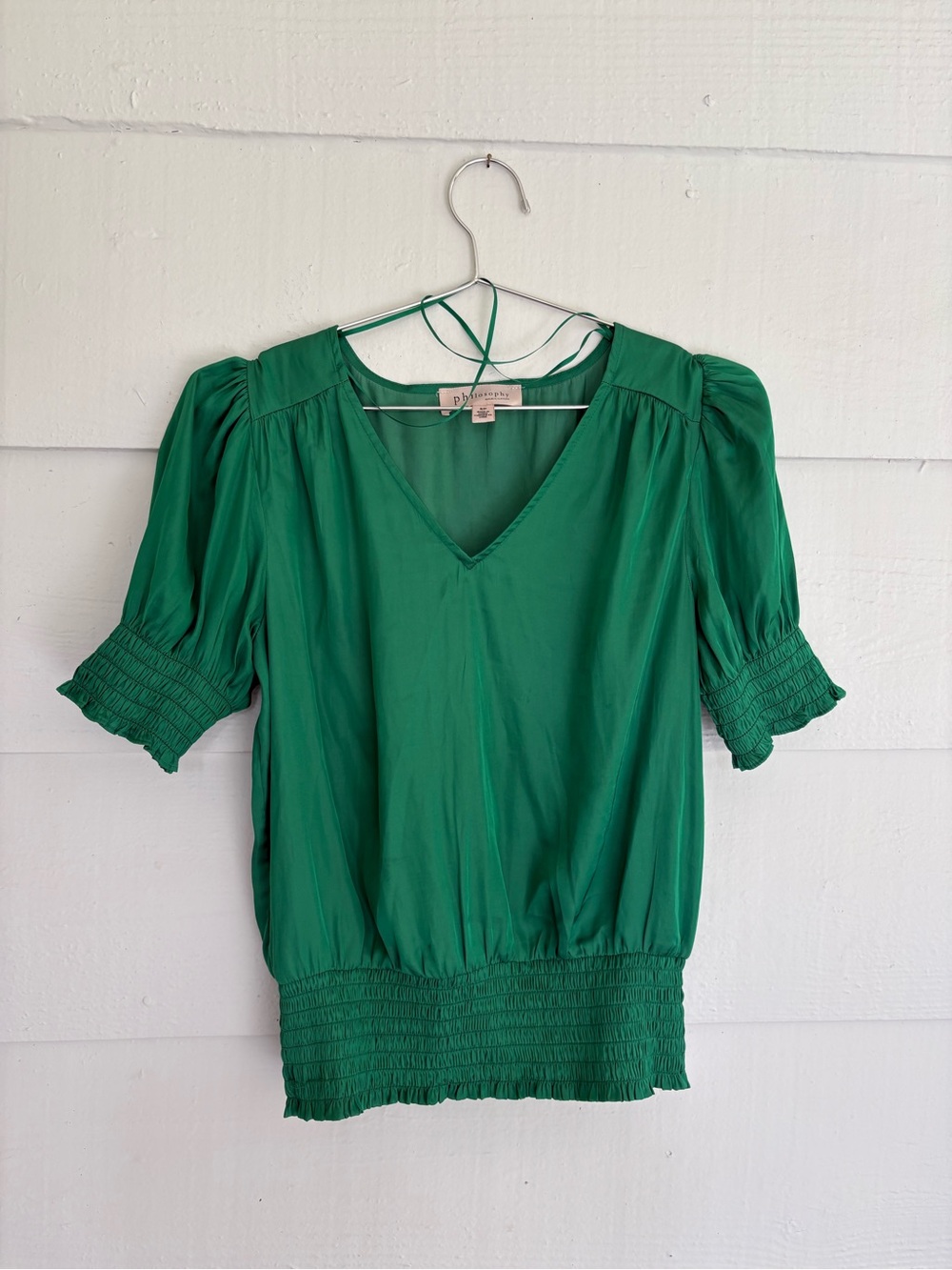 Philosophy Republic Clothing Green Smocked Puff Sleeve Blouse Small Officewear